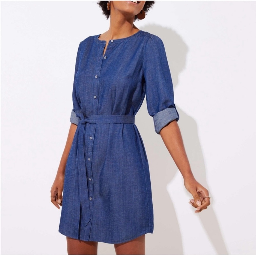 LOFT denim dress, button up with a tie waist, Size S